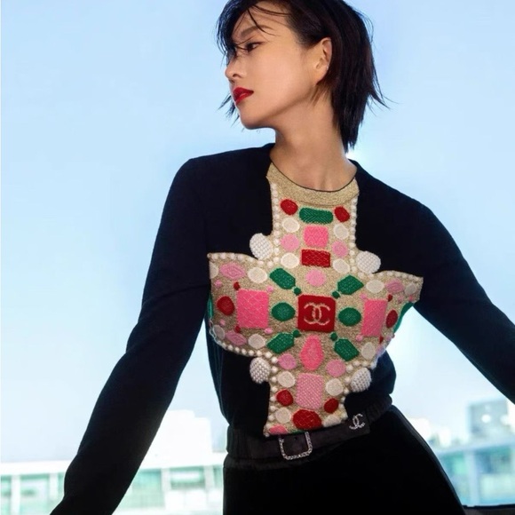 Authentic Chanel Black Sweater with Colorful Cross Pattern - Picture 7 of 7